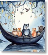 Watercolor Picture Of A Mouse In A Boat On The River With Owls A Metal Print