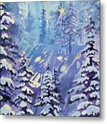 Watercolor - Winter Snowy Forest With Sunburst Metal Print