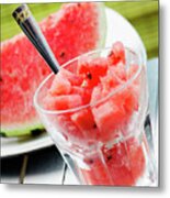 Watermelon Slice And Melon Sweet Dessert Smoothie On White Table Metal Print