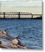 Waves Lapping The Shore Of The Delaware River Near Betsy Ross And Delair Memorial Railroad Bridges Metal Print