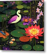 Wetland Magic Lily Pads Birds And Flowers Metal Print