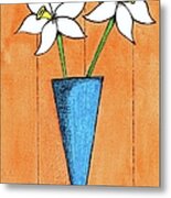 Whimsical White Flowers In Blue Vase Metal Print