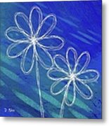 White Abstract Flowers On Blue And Green Metal Print