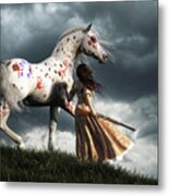 Wild West Woman And War Horse Watching A Storm Metal Print