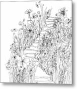 Wildflowers Stairs - Ink Drawing Art Metal Print