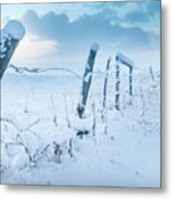 Winter Sky And Snowy Fence Metal Print