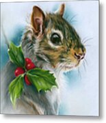 Winter Squirrel With Holly Metal Print