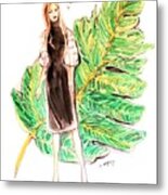 Woman And Green Leaf Metal Print