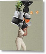 Woman Carrying Stack Of Household Items Metal Print