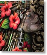 Woman  Dreadlocks And Red Hibiscus Flowers Metal Print