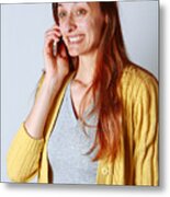Woman On Cell Phone Hearing Good News Metal Print