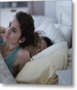 Woman Rubbing Her Neck In Bed Metal Print