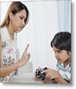 Woman Scolding Her Son Playing Video Game Metal Print