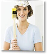 Woman Wearing Newspaper Hat With Paintbrush Metal Print