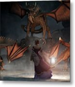 Woman With A Lantern Facing Dragons Metal Print