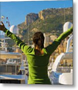 Woman With Arms Outstretched Over Monte Carlo And The Port Metal Print