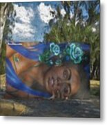 Woman With Blue Roses Metal Print
