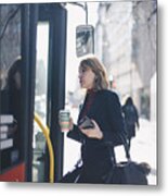 Woman With Disposable Cup And Smart Phone Standing By Bus In City On Sunny Day Metal Print