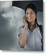 Woman With Umbrella Talking On Mobile Phone Metal Print