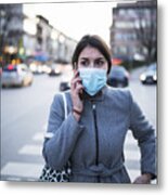 Woman With Wear Talking On The Phone. Metal Print