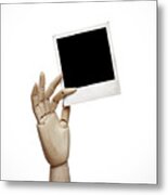 Wood Hand With Instant Photo Frame Metal Print