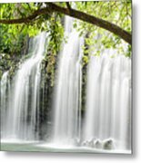 Xxxl: Panoramic Of Tropical Waterfall With Backlit Leaves Metal Print