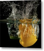 Yellow Bell Pepper Dropped And Slashing On Water Metal Print