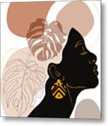 Young Beautiful African American Woman With Stylish Tribal Round Earrings Womens Day Natural Beauty Metal Print