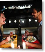 Young Beautiful Couple Having Romantic Dinner On Rooftop Metal Print
