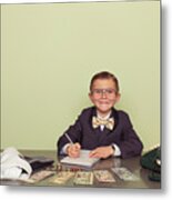 Young Boy Accountant Records Taxes To Be Paid Metal Print