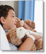 Young Boy In Hospital Bed With Teddy Bears Metal Print