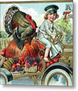 Young Girl In A White Apron Driving A Thanksgiving Delivery Truck Metal Print