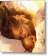 Young Girl In Bed Asleep With Doll Metal Print