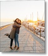 Young Happy Couple Hugging Each Other At The Pier In Barcelona, Spain Metal Print