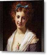 Young Lady With Blue Bow By  Hugues Merle Classical Art Old Masters Reproduction Metal Print