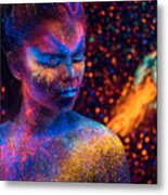 Young Space Woman With Luminous Body Painting On Starry Sky Backdrop Metal Print