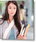 Young Woman At School With School Books Metal Print