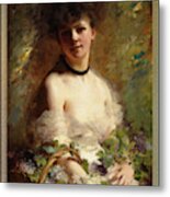 Young Woman With Flower Basket By Charles Joshua Chaplin Metal Print