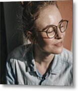 Young Woman With Glasses In Sunlight Metal Print