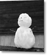 Zen Fence Sitting Mini Snowman Black And White Metal Print