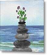 Zen Rocks Cairn Meditative Tower And Lucky Clover Flower Watercolor Metal Print