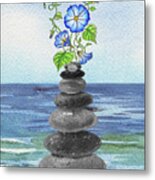 Zen Rocks Cairn Meditative Tower And Morning Glory Flower Watercolor Metal Print