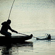 Fisherman Catching Fish On A Twilight Lake Poster