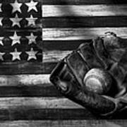 Folk Art American Flag And Baseball Mitt Black And White Poster