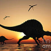 A Pair Of Spinosaurus Hunting For Fish #2 Poster