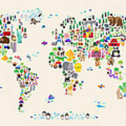 Animal Map Of The World For Children And Kids Poster