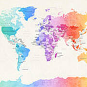 Watercolour Political Map Of The World #5 Poster