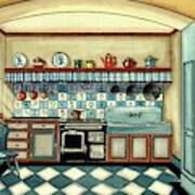 A Blue Kitchen With A Tiled Floor Poster