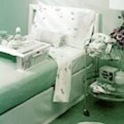 A Green Bedroom With A Breakfast Tray On The Bed Poster