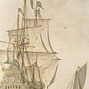 A Man-o-war Under Sail Seen From The Stern With A Boeiler Nearby Poster